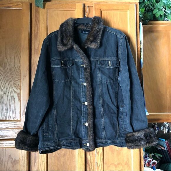 Dennis Basso Mob Wife Dark Denim Faux Fur Trim Jean Jacket - L - Picture 6 of 14